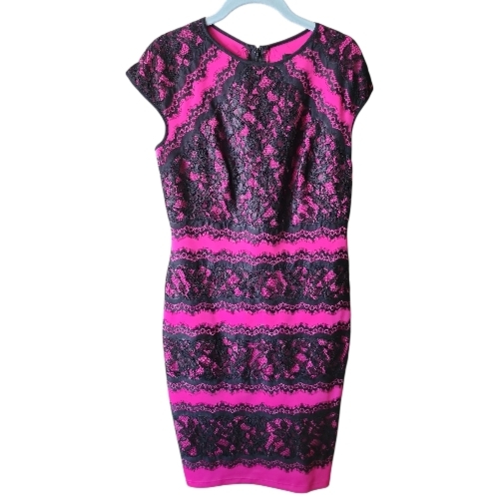 TADASHI SHOJI | Pink Black Lace Scuba Bodycon Whimsigoth Party Midi Dress | 6 - Picture 2 of 11